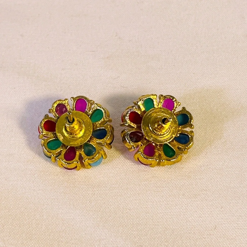 Vintage Multicolor Flower Stud Earrings Gold Tone Faux Pearl Jewel Tone‎ Floral